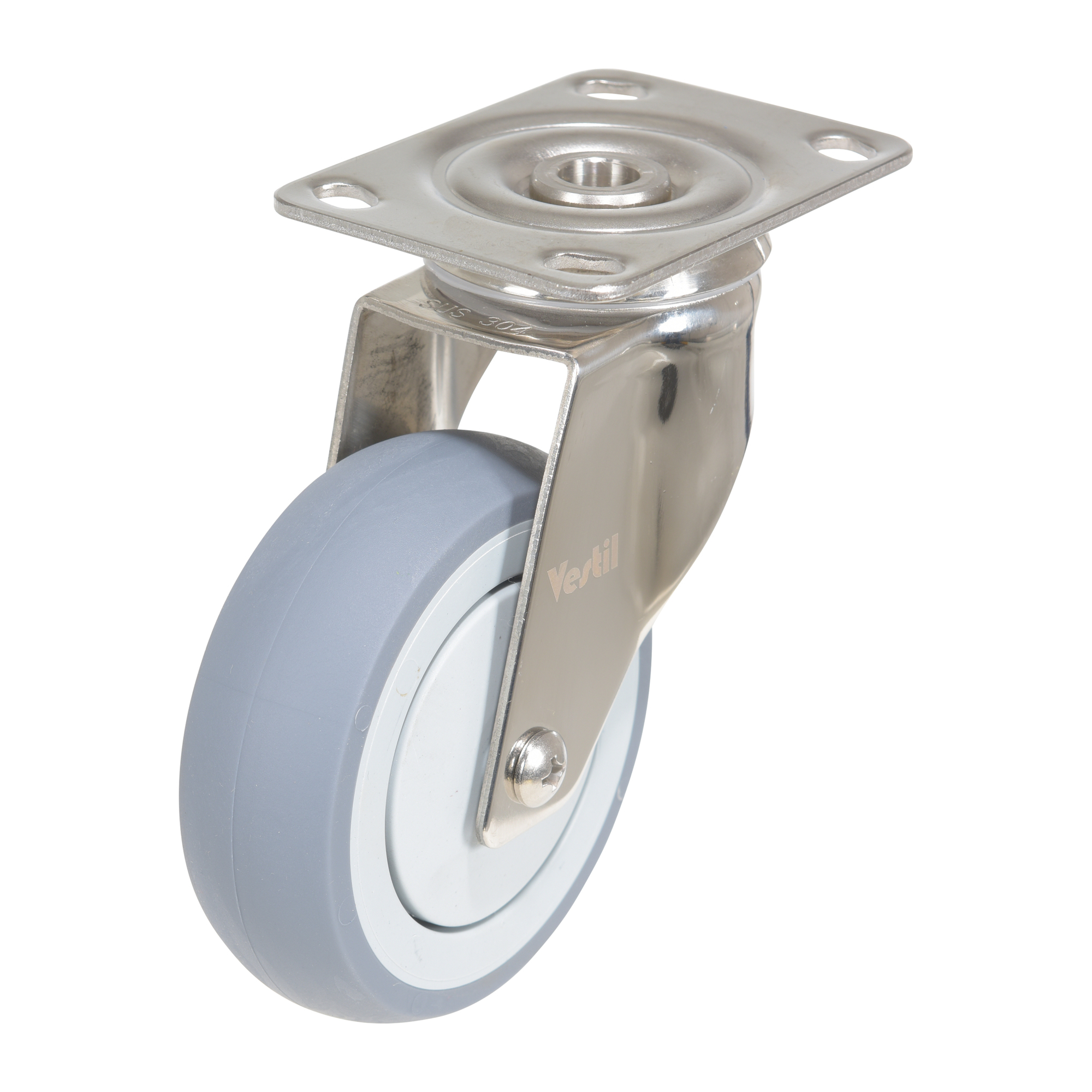 Vestil Rubber Swivel Caster - 4in. x 1in., 450-Lb. Capacity, Thermoplastic Rubber, Stainless Steel, Gray, Model# CST-E-SS-4X1TPR-S